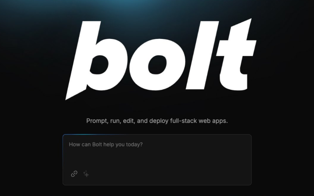 Page d'accueil de Bolt.new avec son champ de saisie pour décrire l'application à créer