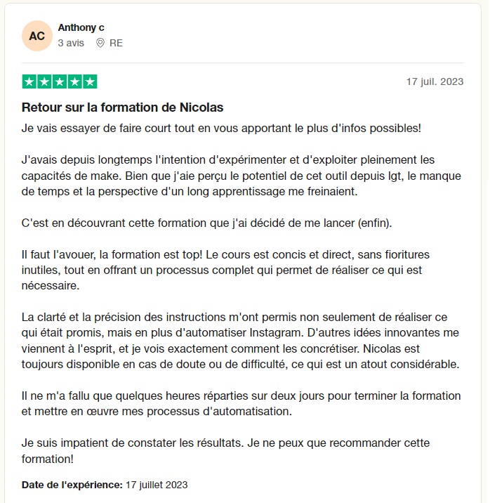Avis d'un élève de la formation Make