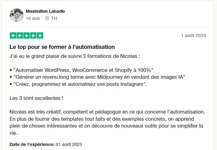 Avis d'un élève de la formation Make