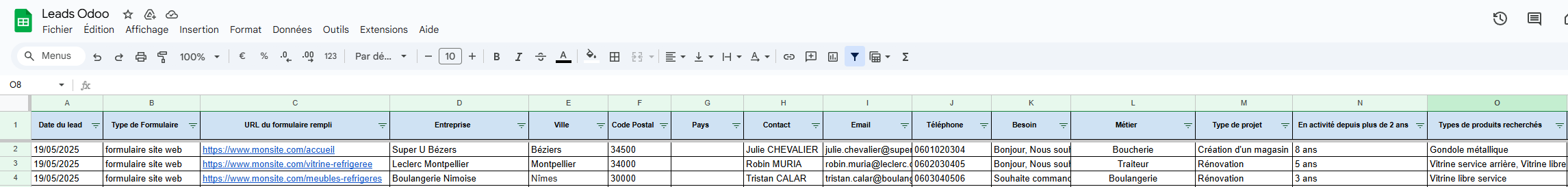 La structure du Google Sheets avec stockage des leads entrants