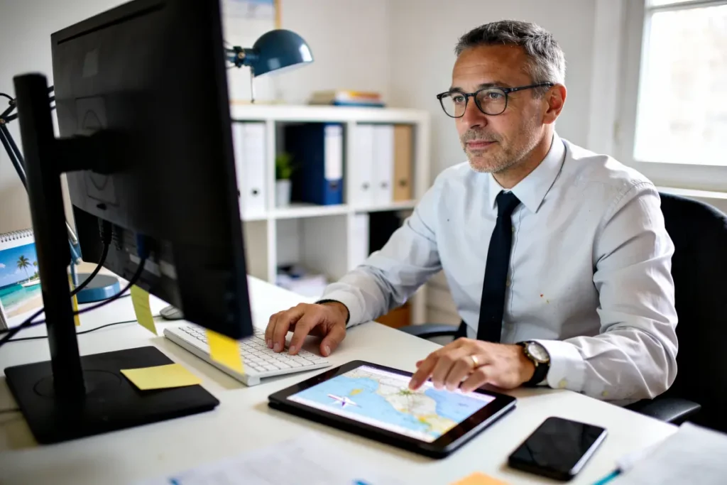 Un homme d'affaires professionnel en chemise et cravate travaillant à son bureau, utilisant un ordinateur et une tablette avec une carte.