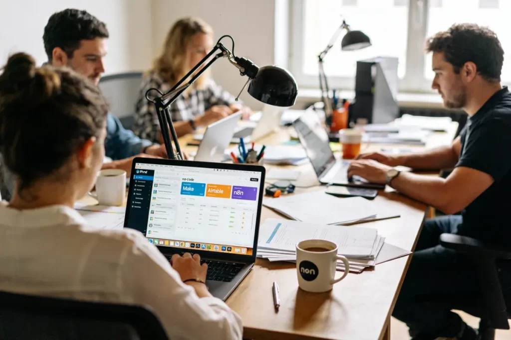 Un groupe de personnes travaille ensemble sur des ordinateurs portables dans un bureau moderne bien éclairé.
